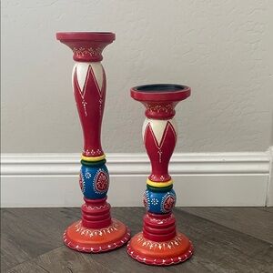 Pair of Hand Painted Red Wood Candle Holders